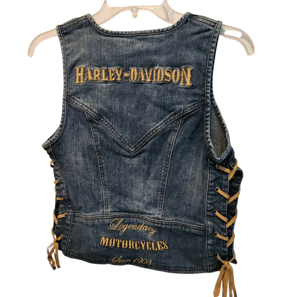 Womens Harley Davidson Denim Vest Laced Sides Sz M Y2K Bikercore Biker Moto - Picture 2 of 5